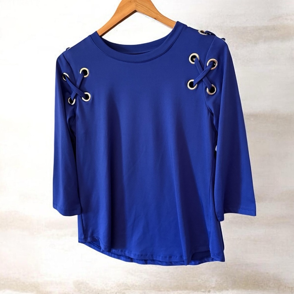 Alison Andrews Blue Long Sleeve Lace-Up Tee - Size Medium